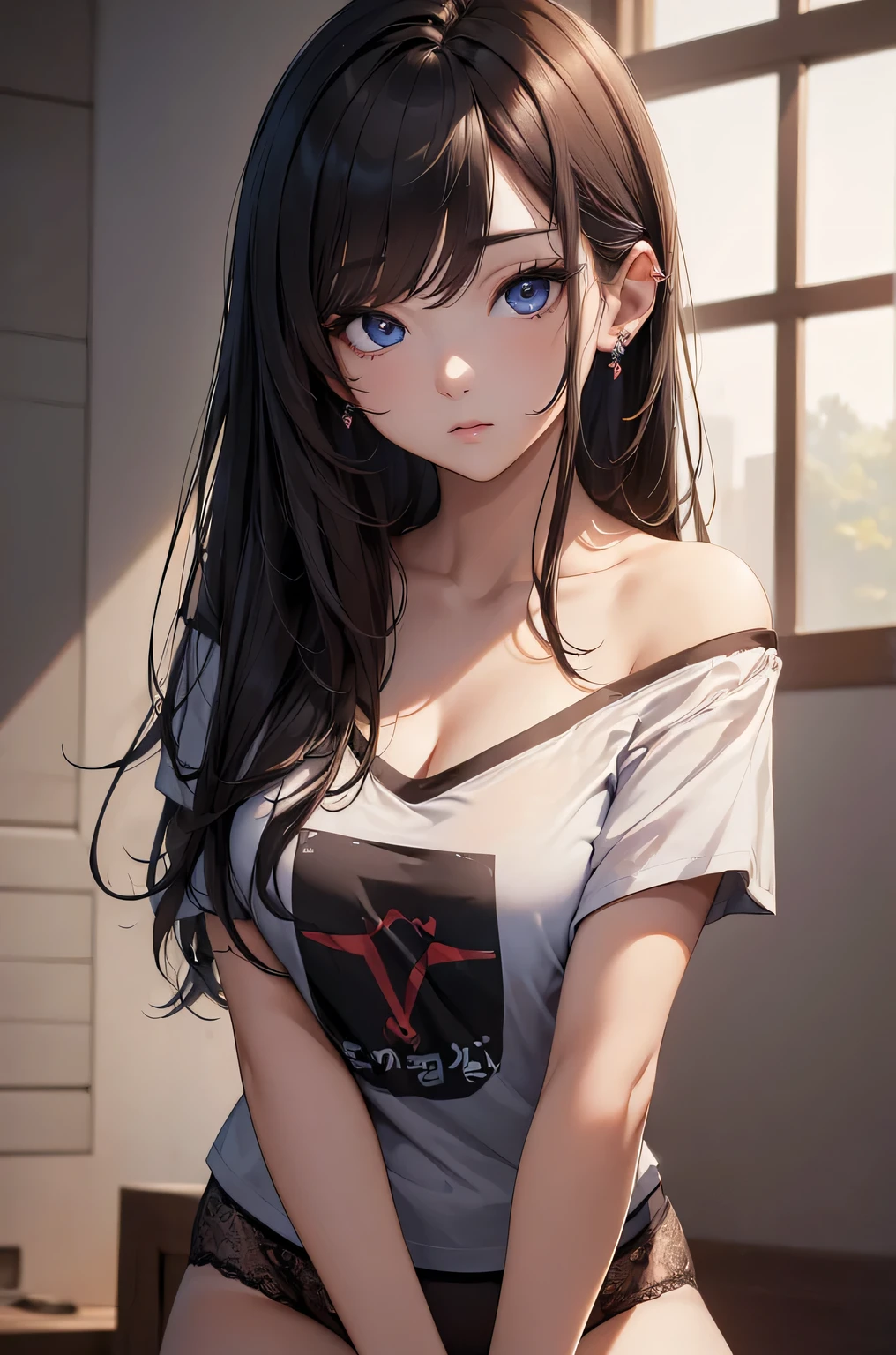 A woman with long black hair and blue eyes sitting on a bed - SeaArt AI