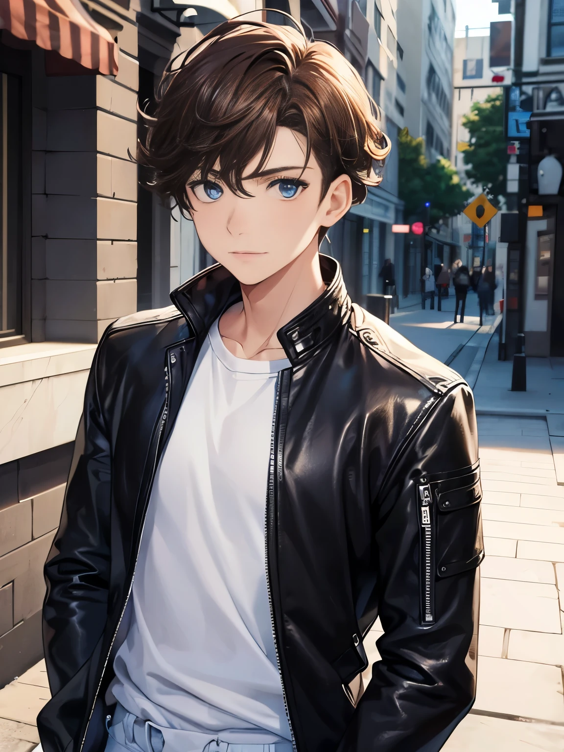 1boy,guy,Confused expression,standing,blue eyes,half body photo,18 years old,Curly hair,medium hair,undercut hairstyle,light brown hair,black jacket,Leather jacket,white t-shirt,white trousers,morning,ultra detail,masterpiece