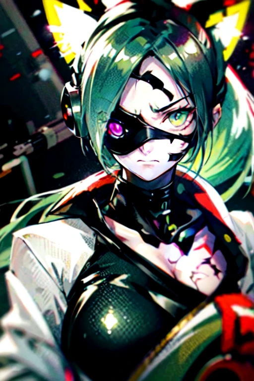 tired, annoyed, anime cat woman, green eyes and light green hair, cybernetic eye prosthesis, eye patch, face scar, sci-fi, mecha outfit, cybersuit, techwear, missing eye, burns, red eye prosthesis, muscular, messy ponytail, loose clothes, smaller breasts, single character, long jacket, space background, 1girl, solo, fully clothed, glowing eye