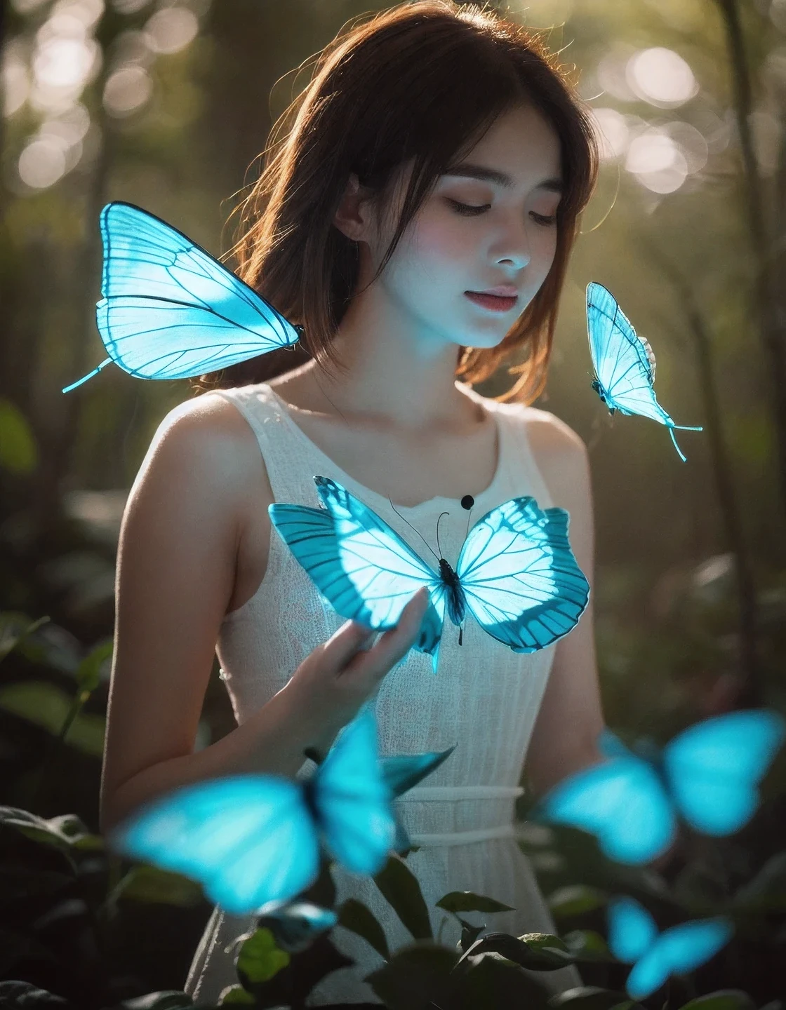 realistic artwork, high detailed, professional, Cinematic of (spiritual girl), cool vibe, small nose, upper body photo of a transparent porcelain cute creature, glowing backlit plants, dark forest, grainy, shiny, with vibrant colors, colorful, smooth skin, glow surreal objects floating, contrasting shadows, photographic, aura glowing, colored aura, movie still, transparent_clothing, (transparent blue butterflies are part of her body), sleeping, blue butterfly dance wildly, (depth_of_field)