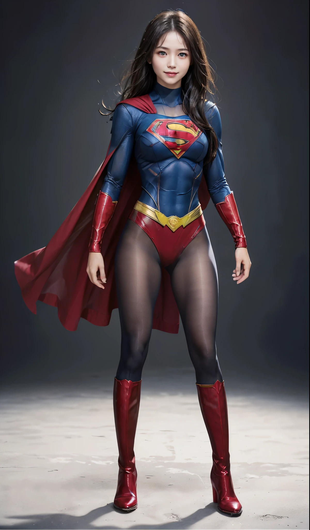 No background、(((Beautiful legs in black tights.)))、(((Legally express the beauty of your smile)))、((((Make the most of your original images)))、(((Supergirl Costume)))、(((Beautiful Hair)))、(((suffering)))、(((Please wear black tights....、Wear red boots)))、((Best image quality、8k))、((highest quality、8k、masterpiece:1.3))、(((Preserve background )))、Sharp focus:1.2、Beautiful woman with perfect figure:1.4、Slim Abs:1.2、Wet body:1.5、Highly detailed face and skin texture、8k