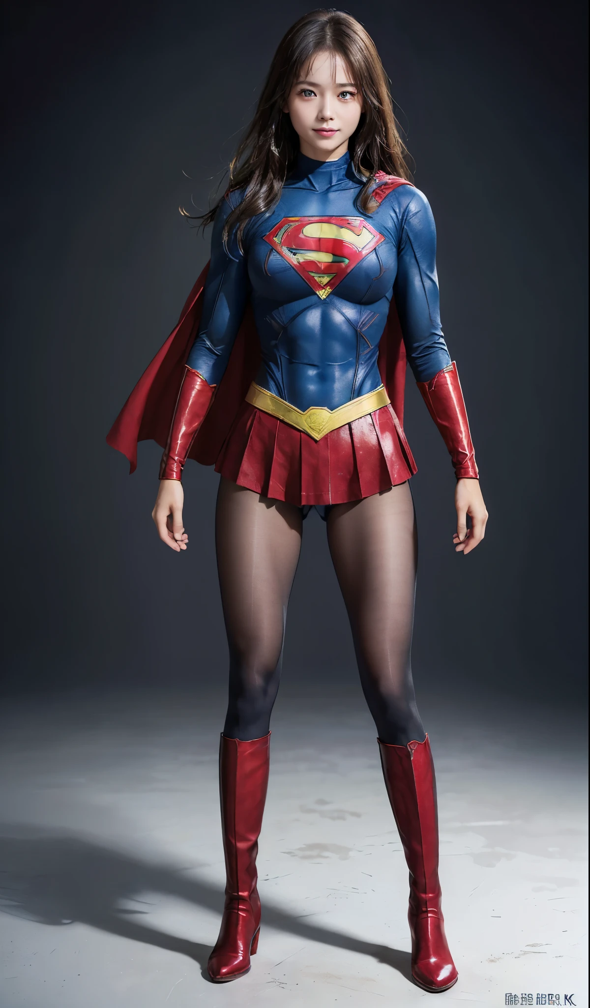 No background、(((Beautiful legs in black tights.)))、(((Legally express the beauty of your smile)))、((((Make the most of your original images)))、(((Supergirl Costume)))、(((Beautiful Hair)))、(((suffering)))、(((Please wear black tights....、Wear red boots)))、((Best image quality、8k))、((highest quality、8k、masterpiece:1.3))、(((Preserve background )))、Sharp focus:1.2、Beautiful woman with perfect figure:1.4、Slim Abs:1.2、Wet body:1.5、Highly detailed face and skin texture、8k