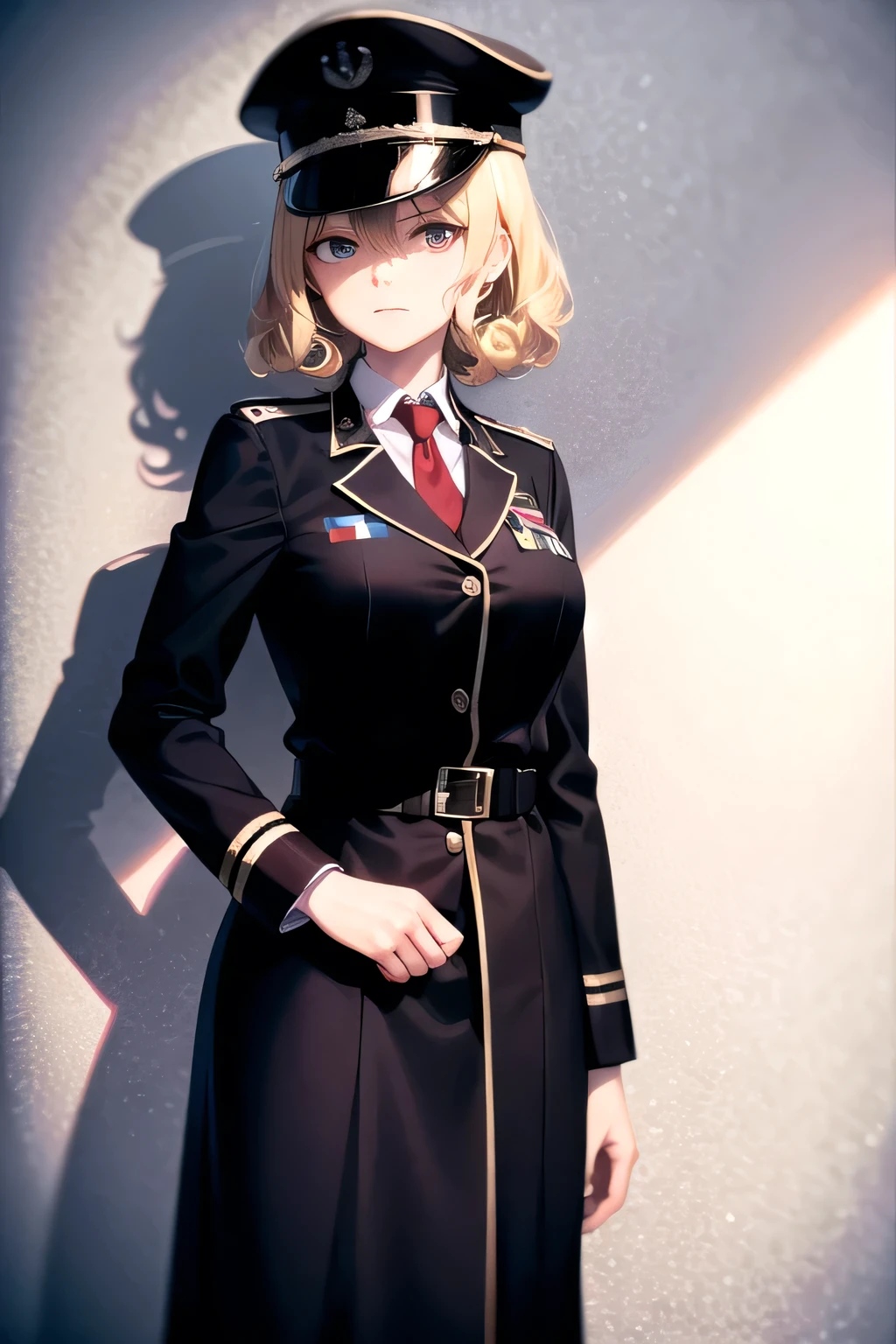 1girl, blonde hair, curly hair, short hair, hair down to chin, germany uniform, black uniform, necktie, red Edge,, black cap, military uniform, germany military black uniform, looking at viewer, mature woman, ww2, nazism, shirt down to knees, serious expression, standing, mature female body