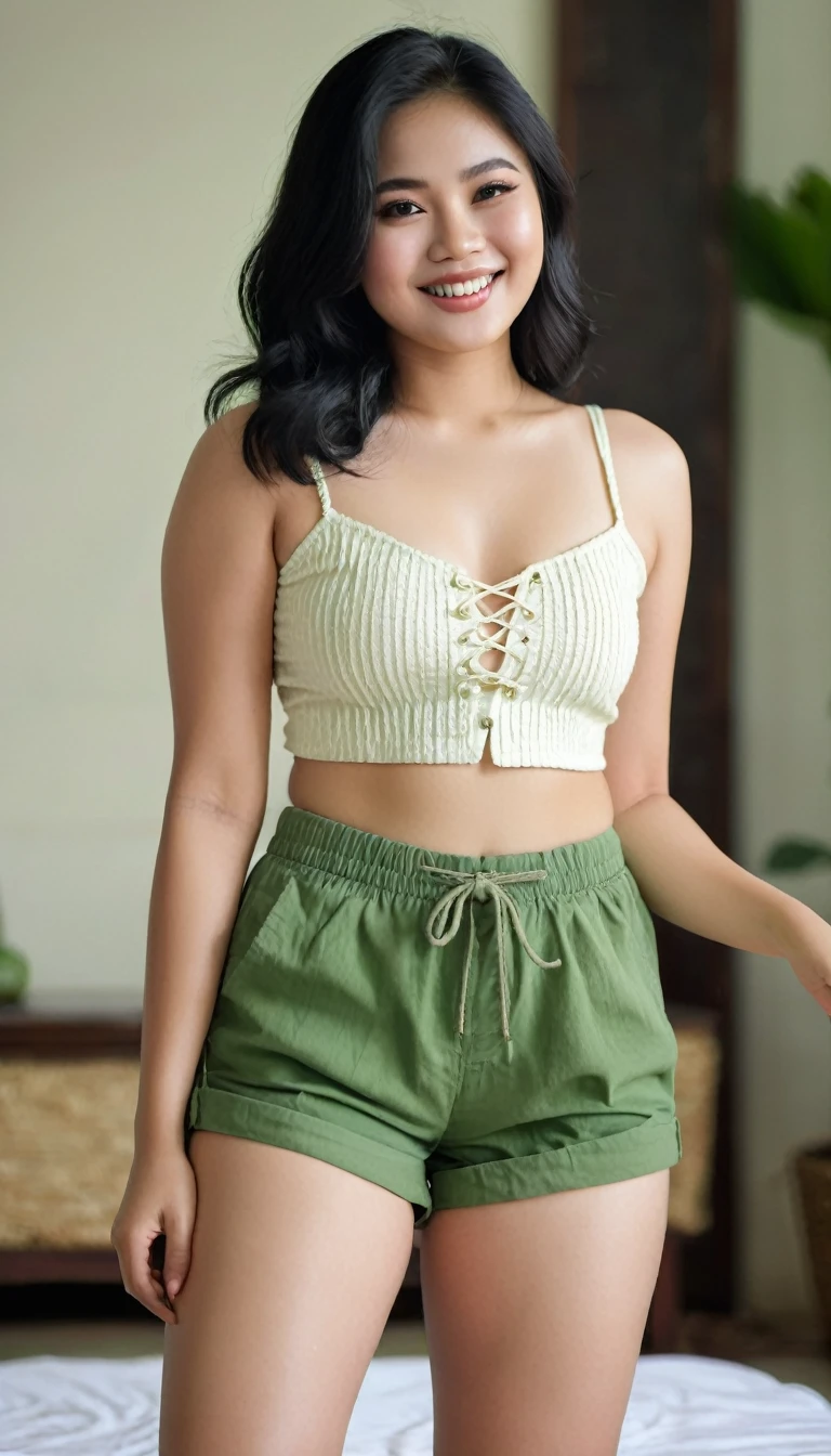 Indonesian Woman, age 20, white glowing skin, a bit chubby, happiness, muscular body, wearing dark green string top crop, dark green shorts, medium wave black hair, barefoot, bedroom scene, seduce pose on CANON 5D Mark IV, 135mm Lens, photoshoot, Depth of Field, intricately detail, hyperrealistic texture, focused, photography, white colour lighting tone.