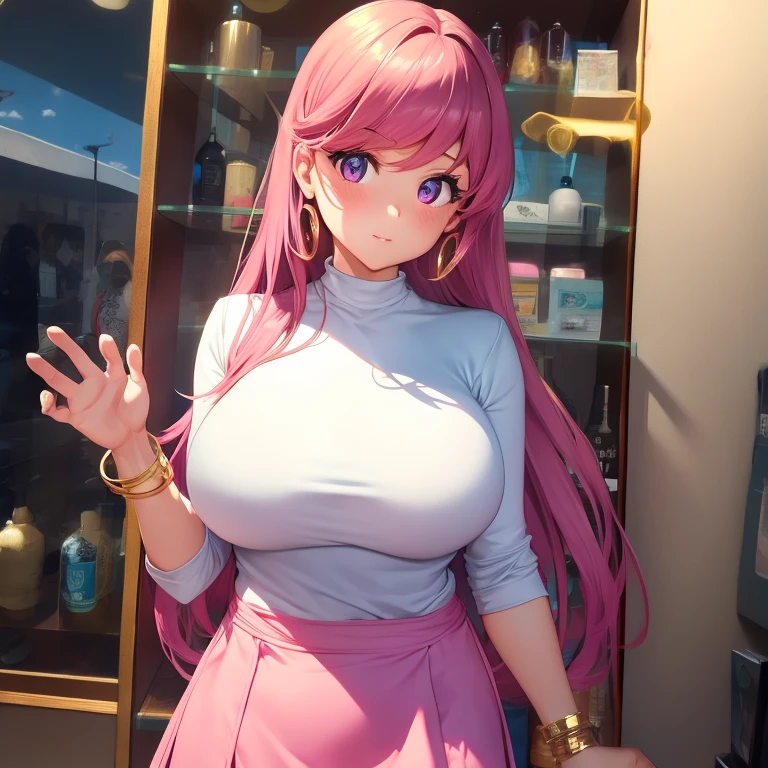 masterpiece, best quality, high resolution, UHD, 8k, ((cowboy shot)), BREAK, 1 girl, ((girl style anime)), Glossy skin, rounded eyes, beautiful eyelashes, realistic eyes, beautiful woman, with purple eyes, long hair, ((pink hair)), with red money piece highlights, pink trench coat, with a white turtleneck t-shirt, wearing a pink skirt with bracelets on their wrists, with a shiny gold medal, golden earrings and gold bracelet. perfect body, big breasts, BREAK, BREAK, in a caffe store