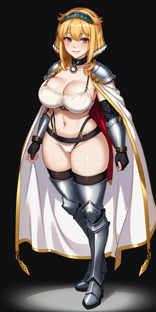 Masterpiece, (flat black background:1.2) solo, detailed face, intricate iris, thick lips, robot girl, (gold and white skin), realistic illustration of a (cyborg girl), (RED eyes), IvoryGoldAI, (freckles),(holding BREATHTAKING:1.2), (gold and white armor:1.2), (looking at viewer:1.2), parted lips, standing straight symmetrical, looking at viewer, lustful smirking smile face red blushed red cheeks, thick thighs, thigh highs, thigh, boots, armor, armored boots, full body armor, bikini armor, big breastplate, pauldron, bracers, leather black choker, tiger claws gloves, short bob white haircut, helmeted, metal shoulders, red long loincloth, longest blue cape reach to the waist, shackles and chains wristbands