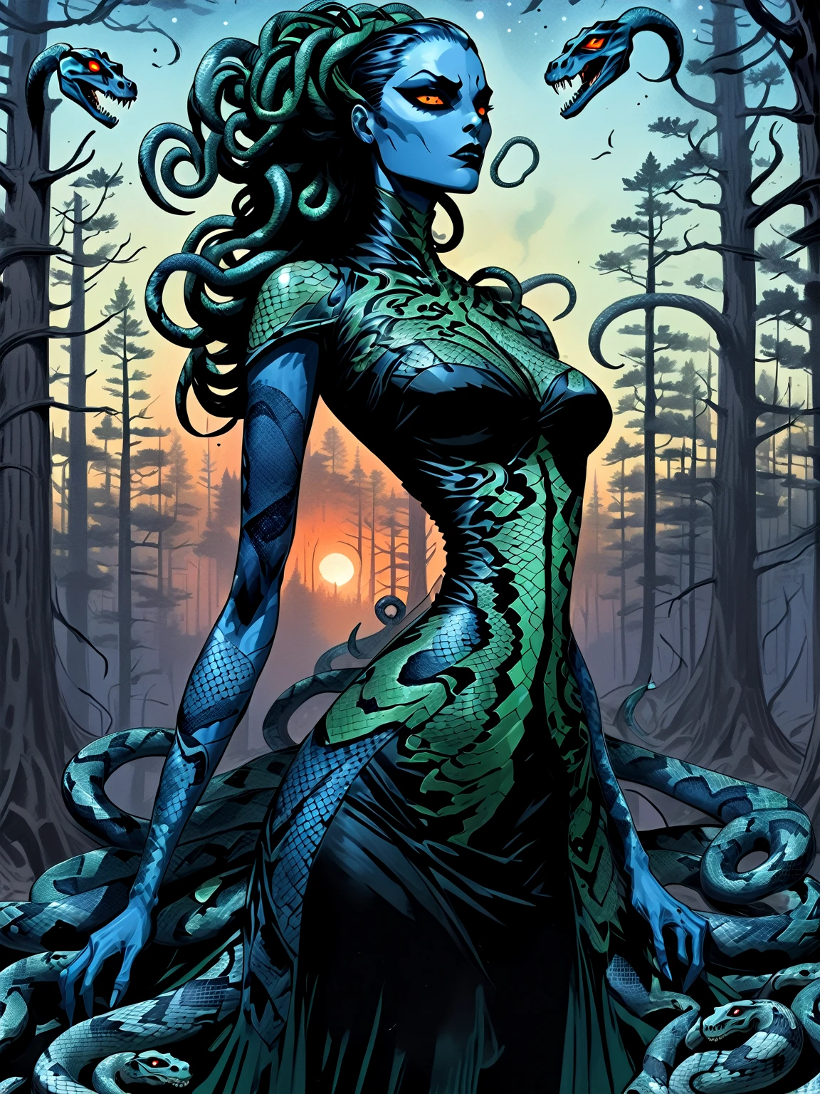 Medusa, a different shade of blue, showcase intricate ornate ominous blue butterfly skeleton tattoo on back musculature, detailed precise accurate blue butterfly tattoo, splash page decompressed comic cover art, ink style figure,((expressive Joelle Jones and "Sean Gordon Murphy" comic drawing)), wordless, cinematic poster, double exposure, optical illusion, image within image, abyss void black no visibility darkness, full length portrait, (background, pine barrens, entropy, rewilding, magic hour sunset, galaxy stars, cosmos), (horror, abstract, surreal, body, cosmic), candid, snake skin dress, body anatomy drawn Frederic Delavier musculature anatomical illustration, (face, ornate black metal corpse paint, resembles Grace Jones), (body, Naga, snakefolk, lower body snake tail, snake woman hybrid, bald, hairless, skeleton, snake skin tattoos, piercing eyes, snake pupils, over the shoulder), (colors, bleak muted deep fiery radiant glowing ROYGBIV, forest green, earth brown), craftsmanship nuance, (Gerardo Zaffino charcoal), subliminal orchids, nyctophobia, silhouette

