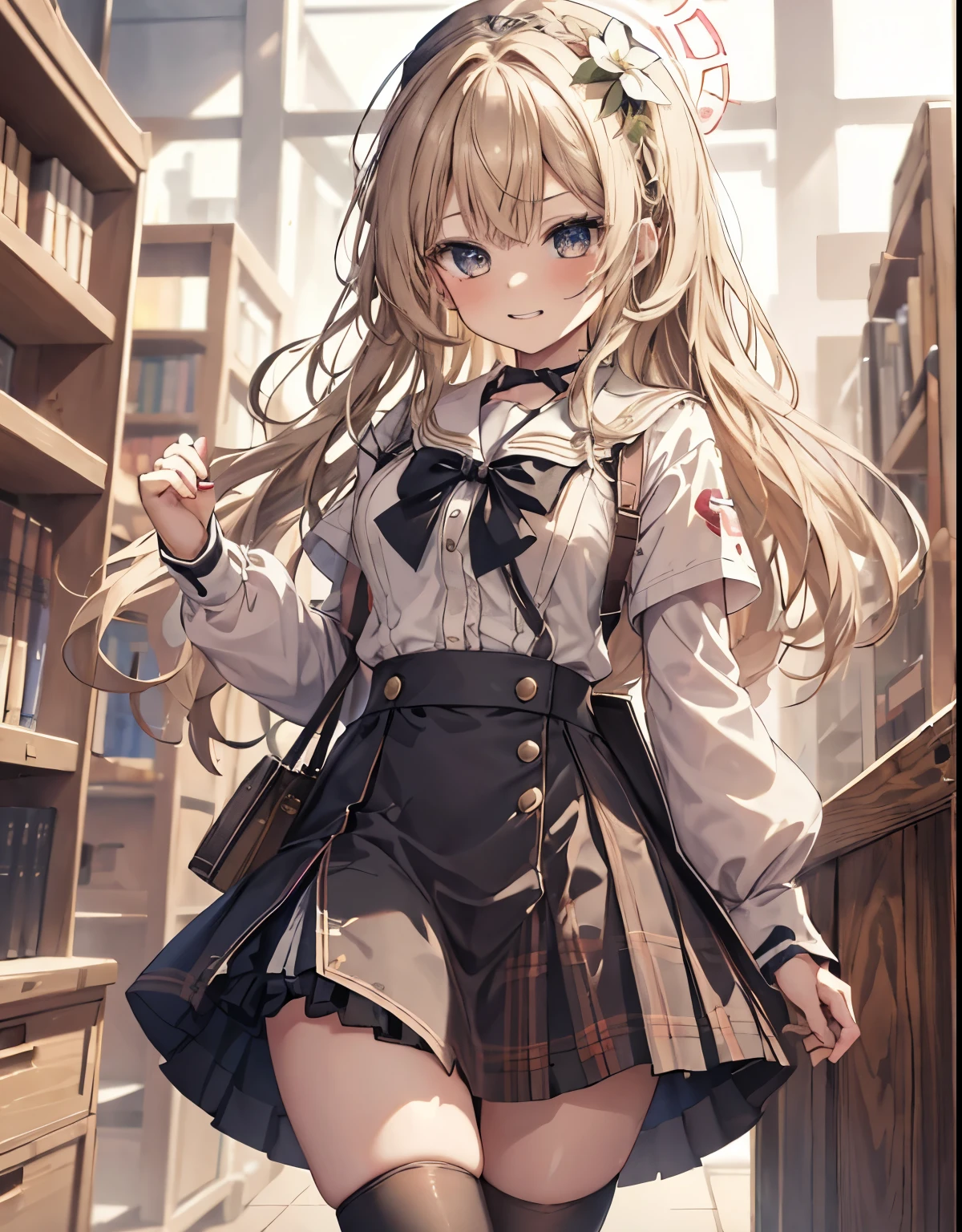 masterpiece, 1girl, sparrow, a blonde haired girl, wearing a sailor clothes, curly long hair, messy hair, slim body, he close her left eye, shirt ornament, ruby eyes, ahoge, , bige breast, beautiful breasts, rounded breasts, long sleeves, beautiful eyes, white stocking, droopy eyes, skirt, black skirt, plaid skirt, her age is 19 years old, ricefield, bowtie, sailor collar, flared skirt, tight shirt, skirt, nagisa_bluearchive, lovely face, medium hair, angry face, curly hair, nurse cap, library, view from back, miniskirt, gyaru, smiley face, grin