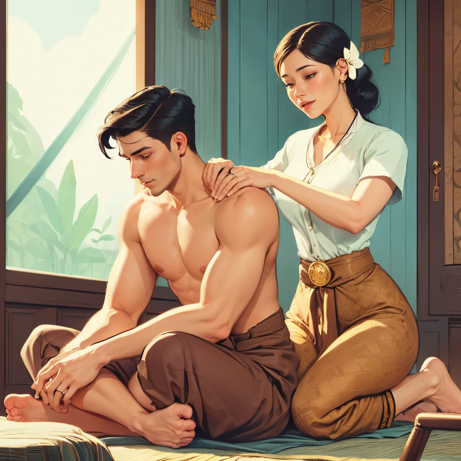 A young man giving a massage to an elderly woman on her bedroom bed,insertion,illustration,portraits,ultra-detailed,professional,highres,(best quality:1.2),realistic,sharp focus,vivid colors,soft lighting