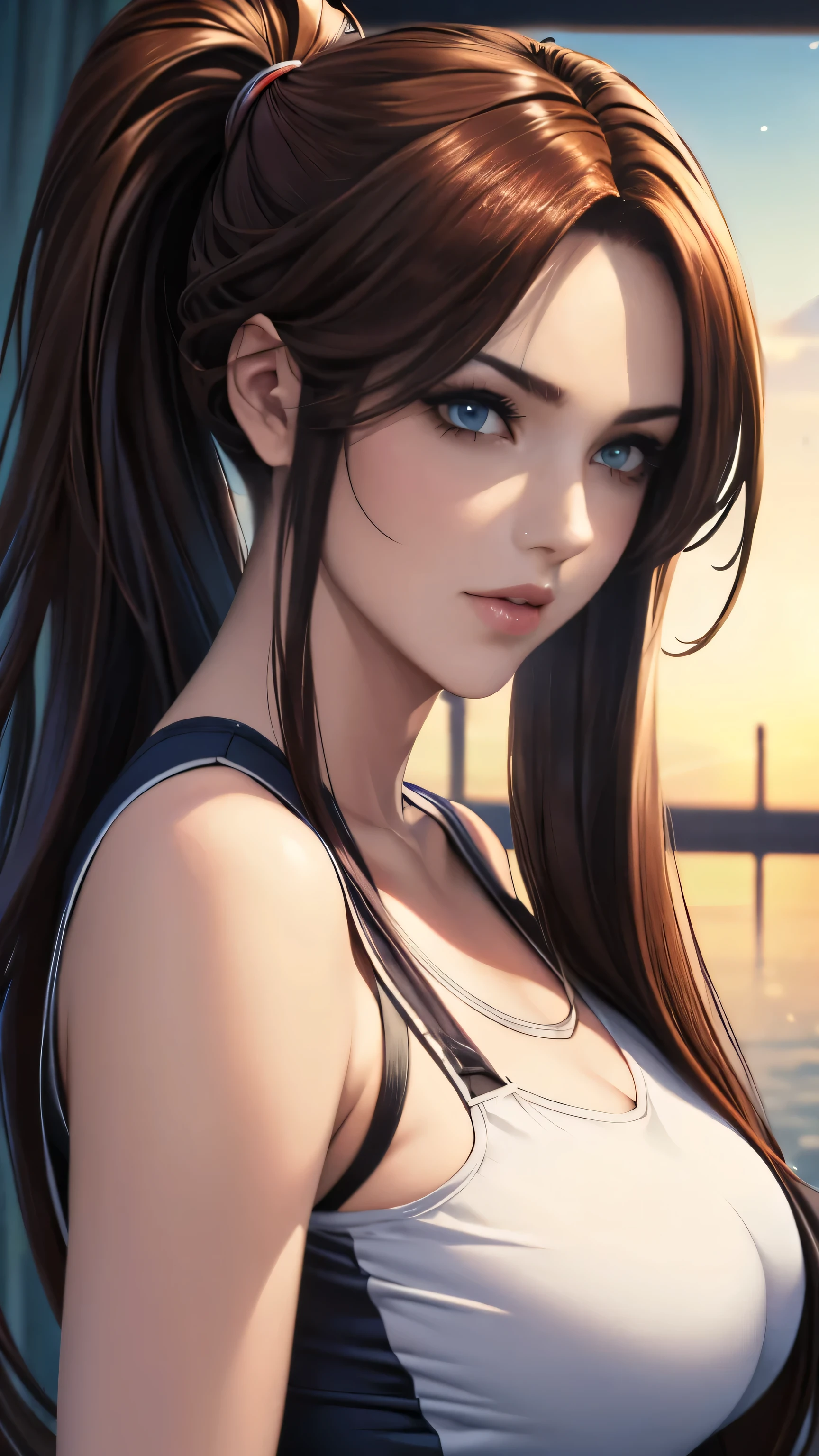 extreme close up,1 girl,(highly detailed skin),bent,,Beautiful breasts,(small breasts),pale skin,erect nipples,(fantasy art,best image quality,surrealist portrait,(8K),Super realistic,最high quality, high quality, High resolution, high quality texture,high detail,beautiful,be familiar with,Very detailed CG,be familiar withテクスチャー,realistic facial expression,masterpiece,sense of presence,dynamic,bold),ponytail,(super thin hair),(super soft hair),(ultra straight hair:1.5),long flowing bangs,extra light coppery amber hair,hair above one eye,dressed,baggy t-shirt,see-through sailor swimsuit