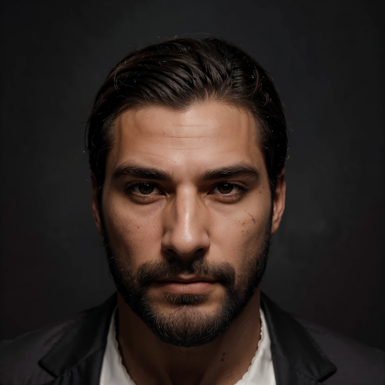 Homem com ar nobre, mas insolente. Elegante e ao mesmo tempo perigoso. Rosto oval e anguloso, rigid jaw covered by dark beard, cabelos pretos, ondulados e compridos, pele bronzeada que ressalta olhos cinza, almost imperceptible crescent-shaped scar on the upper lip