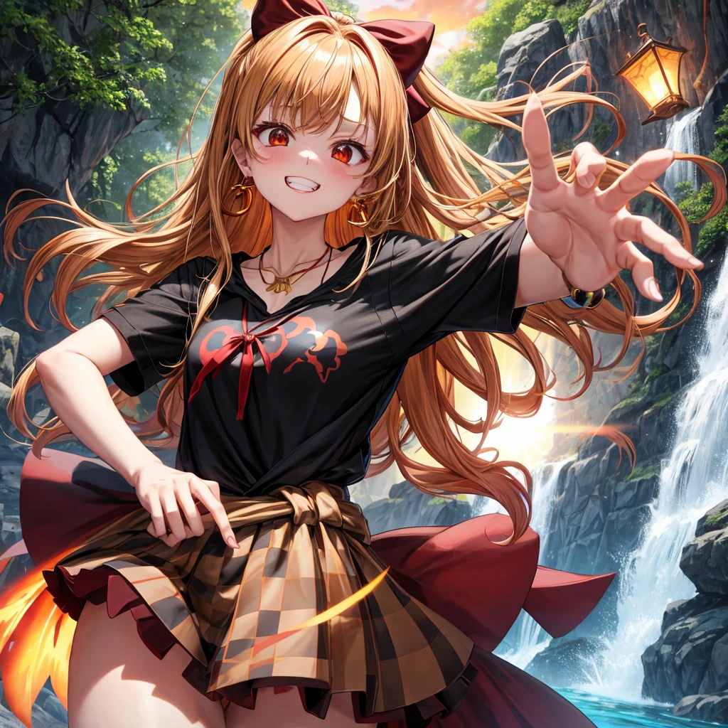 Brown, red, gold, golden hair、Red eyes、One good looking girl、solo、anime、Checkered mini skirt、Black camisole、Black T-shirt、hoodie、Wearing a ribbon、Ribbon on waist、Crystal Earrings、Gemstone Necklace、Light and shadow、Tilting face、Teeth are visible、waterfall、Kuroko、tunnel、Sunset sky、Towering、frilled lizard、light、flash、Barrel、Wife