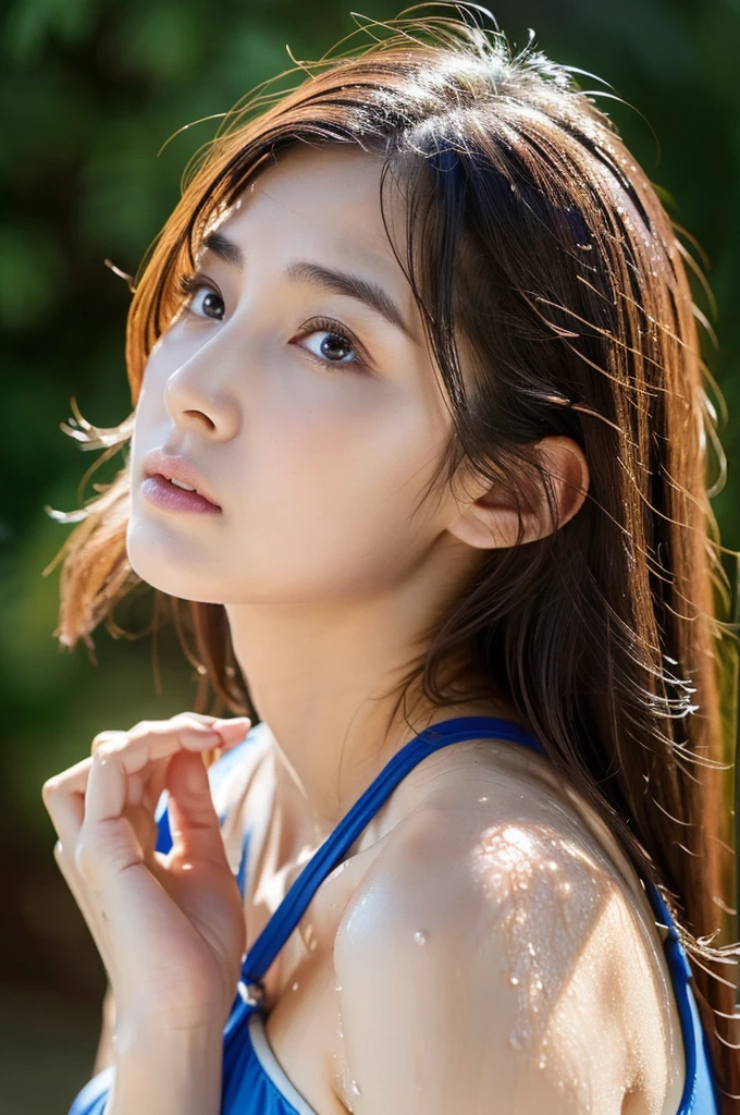 (1 girl:1.3), alone,Shown from head to knees, (((Very detailed face)))), ((very detailed eyes and face)))), Beautiful eyes in every detail, Integrated 8K wallpaper, Super detailed, beautiful and beautiful, Smile, masterpiece, highest quality, original, masterpiece, super detailed photos, highest quality, ultra high resolution, realistic realism, sunlight, amazing beauty, dynamic pose, delicate face, lively eyes, (from the front),((She is wearing a wet swimsuit)), Random color scheme,, Very detailed beaches,hidden big breasts