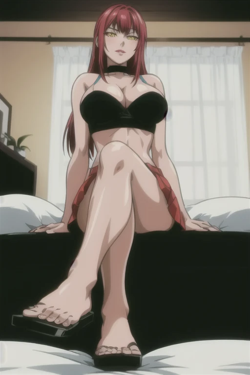 masterpiece, best quality, highres, 2 girls, hirokotakashiro,  micro ruffle skirt, black off shoulder crop top , bedroom, full body shot, (smug:0.3), looking at viewer, focus solo, sexy pose, crossing legs, mature, flip flops, detailed feet, busty, cleavage, redhead, seductive, dangling shoes, red eyeshadow, glossy lips, black choker, long hair, sitting on bed, complete body, seducing, yellow eyes, 