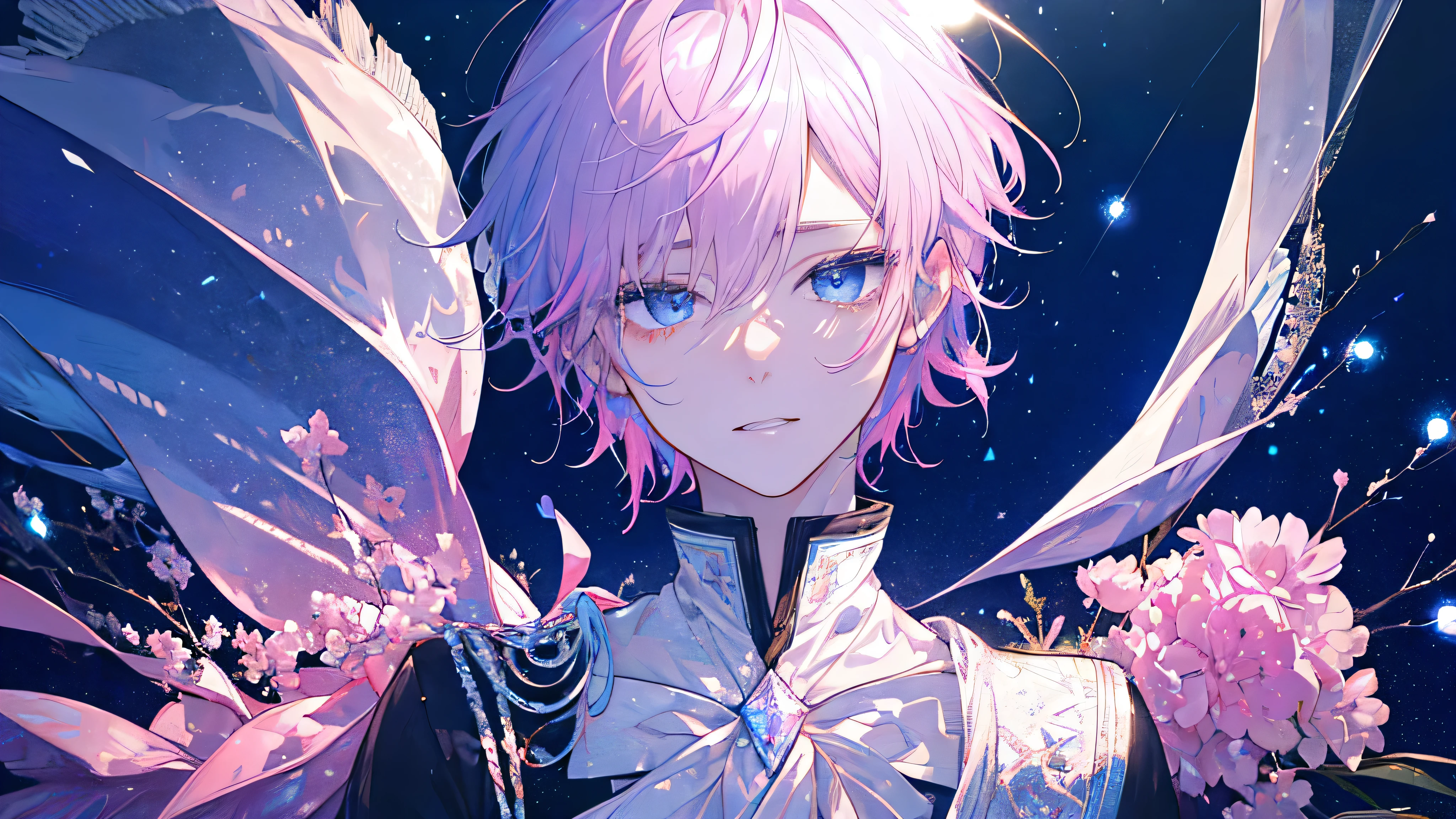 juvenile、Short Hair、Face close-up、最high resolution、Short Hair、Hair to the ears、Pink Hair、high resolution、Masterpiece, highest quality, One boy、Junior high school boy、Detailed face, Very detailed、8k、Wear a black suit、Intricate details、boyish、Sparkling、Pink Hair、Light blue eyes、 Detailed eyes、Fantasy,Face close-up、Sparkling Eyes、colorful, glow white particles、 prism, Shine, Glitter, bloom,A bright and optimistic outlook, Creativity and adventure, , Depth of written boundary、Sparkling