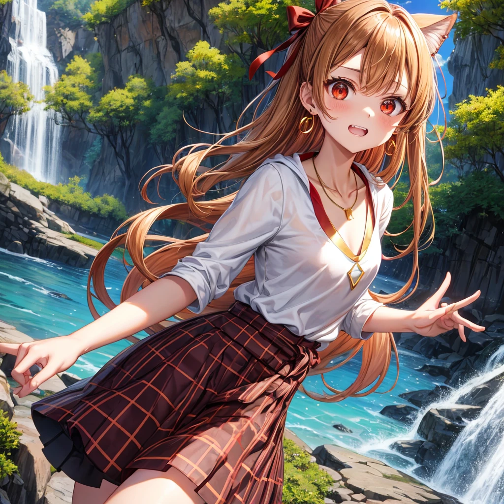 Brown, red, gold, golden hair、Red eyes、One good looking girl、solo、anime、Checkered mini skirt、Black camisole、Black T-shirt、hoodie、Wearing a ribbon、Ribbon on waist、Crystal Earrings、Gemstone Necklace、Light and shadow、Tilting face、Teeth are visible、waterfall、Kuroko、tunnel、pylon、Sunset sky、Towering、frilled lizard、light、flash、Barrel、Wife、loose