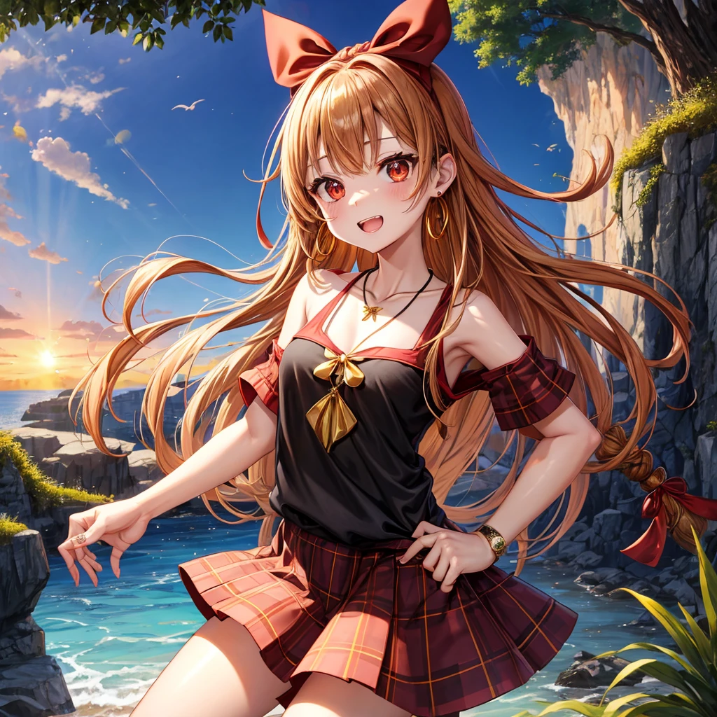 Brown, red, gold, golden hair、Red eyes、One good looking girl、solo、anime、Checkered mini skirt、Black camisole、Black T-shirt、hoodie、Wearing a ribbon、Ribbon on waist、Crystal Earrings、Gemstone Necklace、Light and shadow、Tilting face、Teeth are visible、waterfall、Kuroko、tunnel、pylon、Sunset sky、Towering、frilled lizard、light、flash、Barrel、Wife、loose