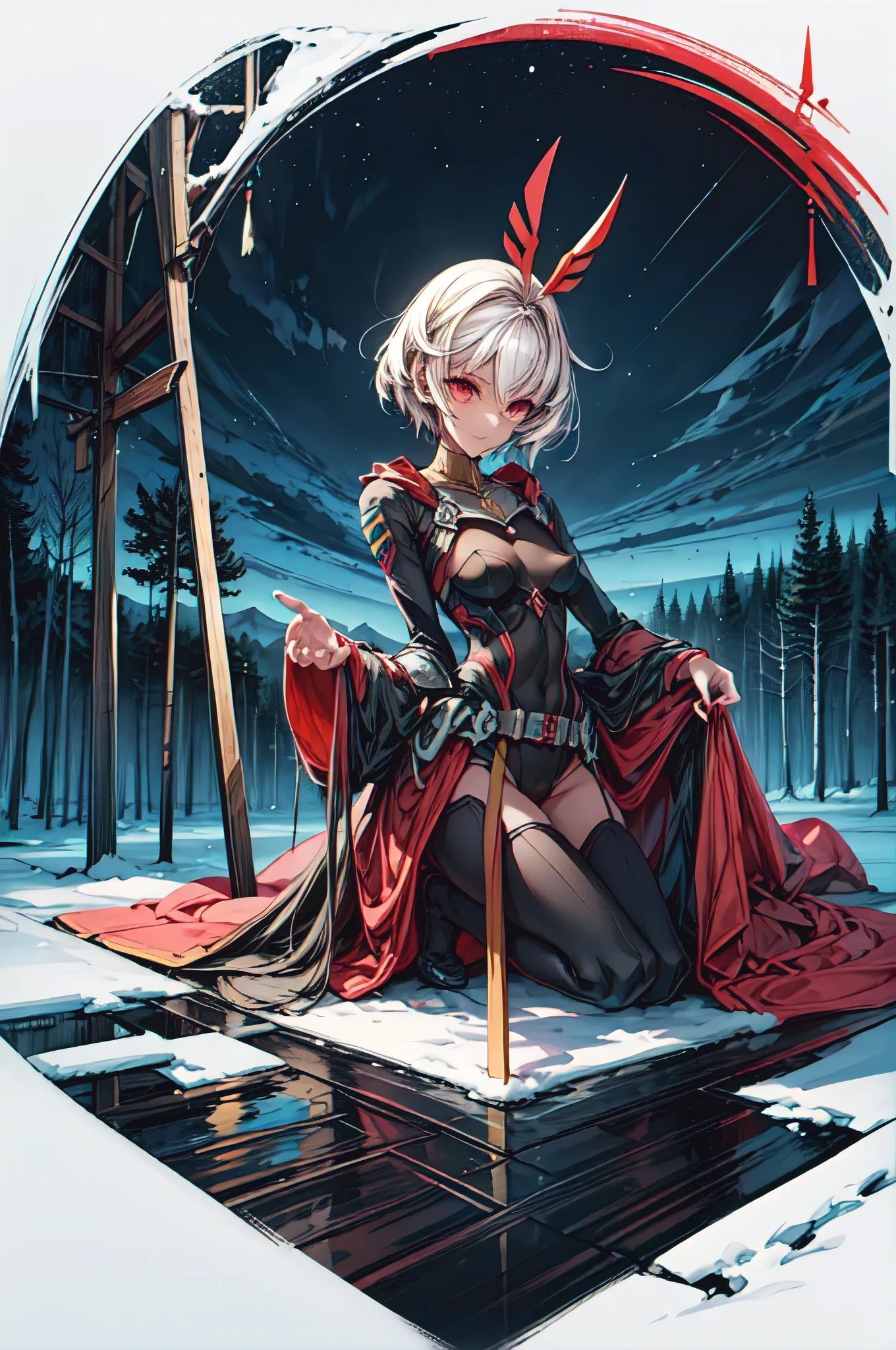 (masterpiece, best quality:1.2), solo, 1girl, yamamoto akira, dark skin, expressionless, looking at viewer, ahoge, bodysuit, outer space, (dynamic pose:1.0),happy,smile,(centered,scale to fit dimensions,Rule of thirds), ((snowy pine forest at night)), with dark stormy clouds,winter,scenery:1.25,((snow forest background)),Christmas tree, highres,sharp focus,(ultra detailed,extremely detailed),(((vibrant colors,vibrant theme))),(intricate),(masterpiece),(best quality), sitting
