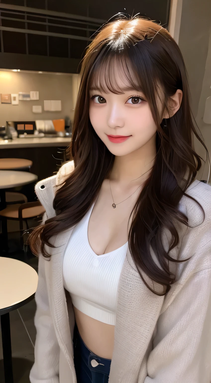 Tabletop, highest quality, shape, Very detailed, finely, High resolution, 8k wallpaper, Perfect dynamic shape, Beautiful and detailed, Down jacket,Wavy Hair,small breast natural color lip, Bold sexy pose,smile、20-year-old girl、cute、sexy shot looking at camera,RAW Photos,Messy Hair