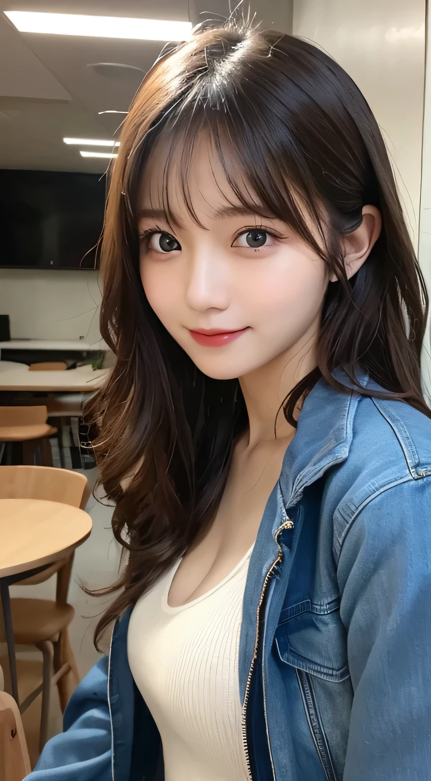 Tabletop, highest quality, shape, Very detailed, finely, High resolution, 8k wallpaper, Perfect dynamic shape, Beautiful and detailed, Down jacket,Wavy Hair,small breast natural color lip, Bold sexy pose,smile、20-year-old girl、cute、sexy shot looking at camera,RAW Photos,Messy Hair