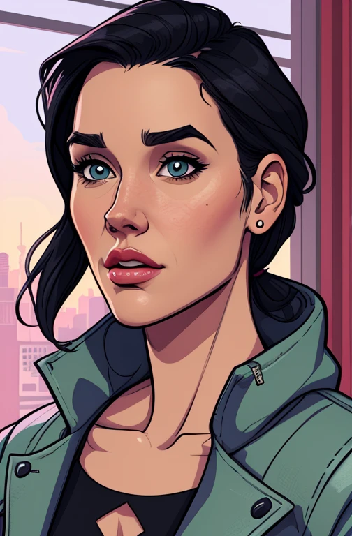 GTA style Cartoon style digital illustration GTA style young woman in luxury clothes Jennifer Connelly style Cartoon style digital illustration GTA style portrait mode 