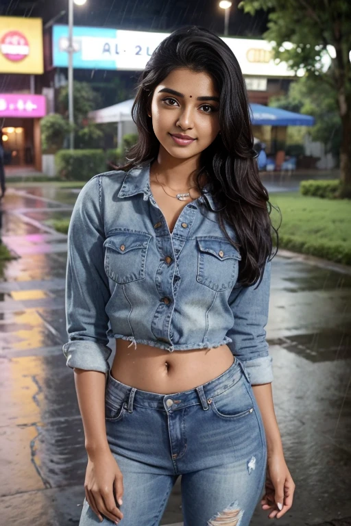 Young Indian woman, top and jeans, club, night, detailed body, detailed face, smile in rain day, nature