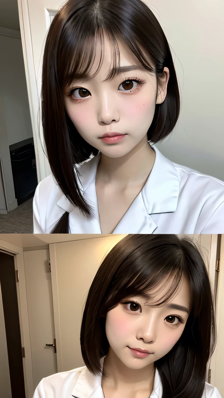 highest quality, Detailed workmanship、High resolution、(8k, High resolution:1.2)、RAW Photos, Realistic、Slim figure、High resolutionの顔、the face is in focus、High resolutionの目、(Concentrated, Symmetrical pupils:1.2)、High quality and beautiful skin、Firm Skin、Natural Makeup、Gloss lips, High-definition hair texture、masterpiece、Japanese women、nurse、nurse、17 years old、very cute, very short hair break (White nursing uniform、White nurse:1.3) break (Lying on one's own back:1.3)、(Hold your arms over your chest:1.2), (In a hospital bed:1.2)、(Very embarrassed:1.3), (blush:1.3), (Sad face、Scary face:1.3)、Wet eyes:1.2, Embarrassed look、Looking into the camera、(color々Easy-to-shoot angle:1.3)、Mid-chest, Browsing Caution, Cleavage

