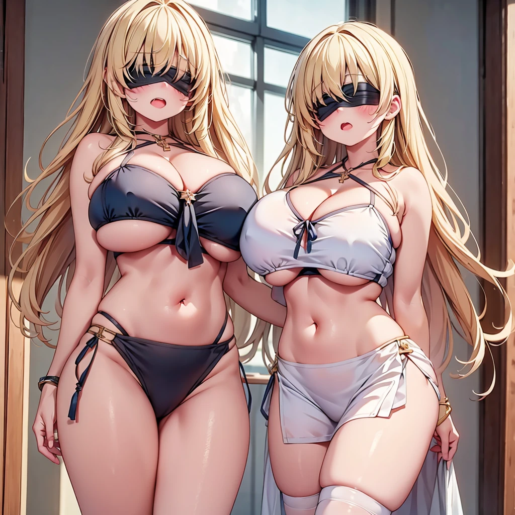 highest quality,wonderful,finely,extremely detailed CG Unity 8K wallpaper, (Stand in line:1.2), (3 girls, blonde, clothed), (huge breasts:1.6), (cleavage cutout:1.4), (Underboob:1.4), (crop top navel:1.4), (open mouth:1.1), (long tongue:1.1), (mouth drool:1.1), (black stockings:1.1),(Thighs:1.2),(Waistline:1.2),(black blindfold, blindfold:1.5)