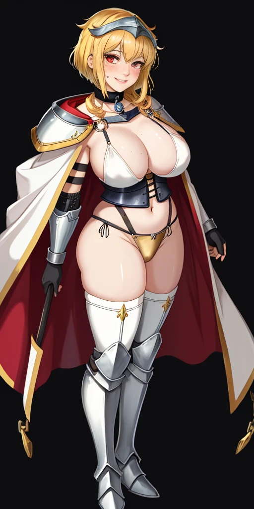 Masterpiece, (flat black background:1.2) solo, detailed face, intricate iris, thick lips, robot girl, (gold and white skin), realistic illustration of a (cyborg girl), (RED eyes), IvoryGoldAI, (freckles),(holding BREATHTAKING:1.2), (gold and white armor:1.2), (looking at viewer:1.2), parted lips, standing straight symmetrical, looking at viewer, lustful smirking smile face red blushed red cheeks, thick thighs, thigh highs, thigh, boots, armor, armored boots, full body armor, bikini armor, big breastplate, pauldron, bracers, leather black choker, tiger claws gloves, short bob white haircut, helmeted, metal shoulders, red long loincloth, longest blue cape reach to the waist, shackles and chains wristbands