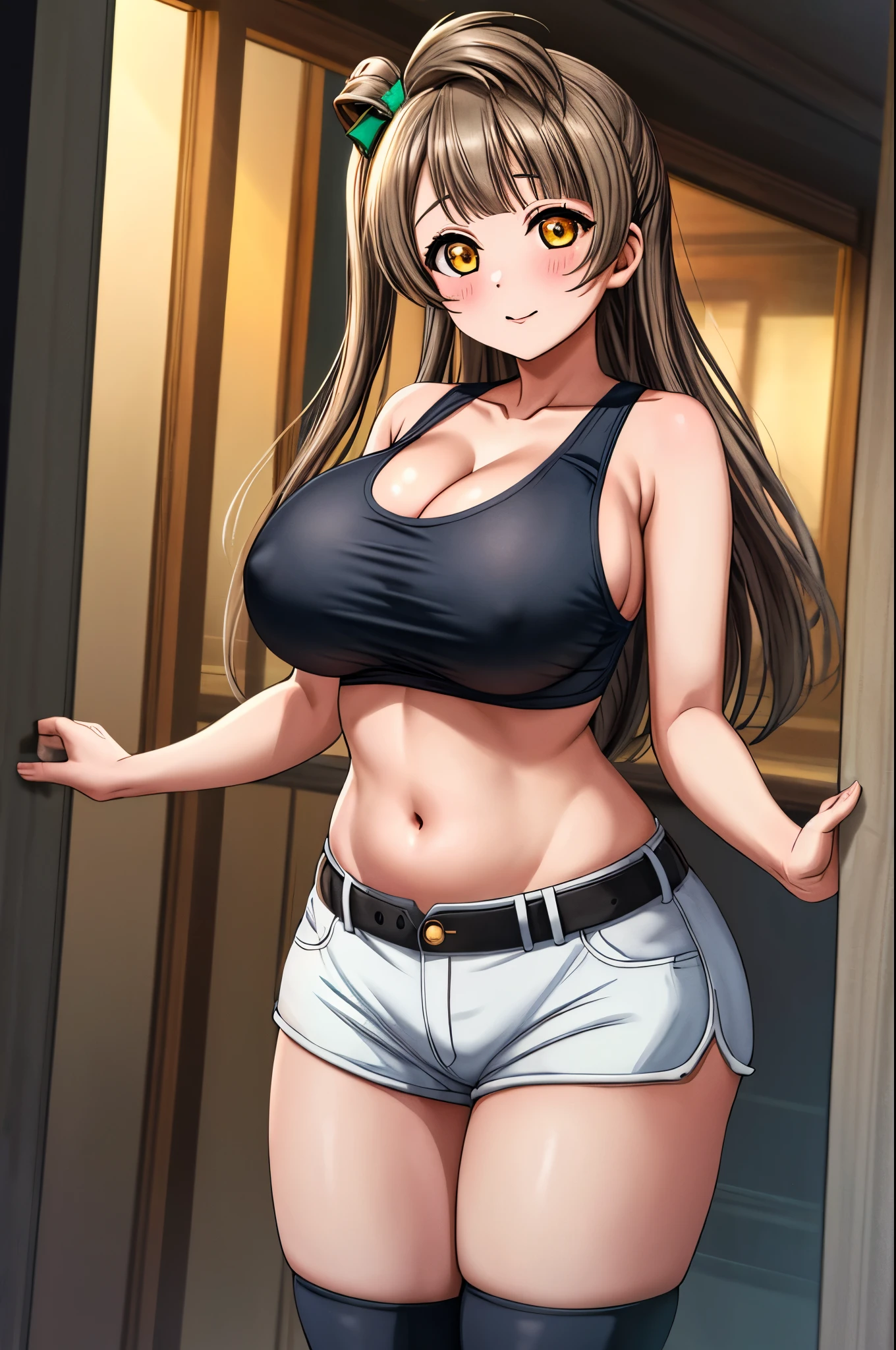 Masterpiece, best quality, cowboy shot, minami kotori, oversize tank top,(sideboobs:1.1), white hot shorts,thicc stomach and hips),big breasts,standing, cleavage