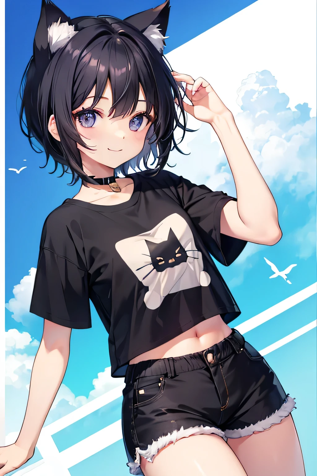 highest quality、Small breasts、Cat ear、Short black hair、Iris、Cropped T-shirt、Shorts、smile