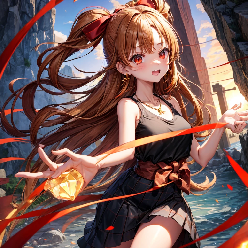 Brown, red, gold, golden hair、Red eyes、One good looking girl、solo、anime、Checkered mini skirt、Black camisole、Black T-shirt、hoodie、Wearing a ribbon、Ribbon on waist、Crystal Earrings、Gemstone Necklace、Light and shadow、Tilting face、Teeth are visible、waterfall、Kuroko、tunnel、pylon、Sunset sky、Towering、frilled lizard、light、flash、Barrel、Wife、loose