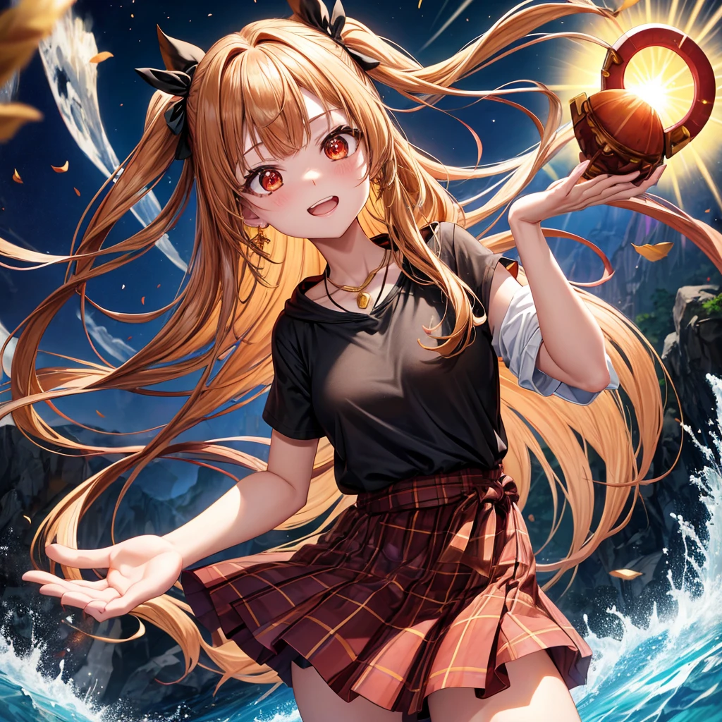 Brown, red, gold, golden hair、Red eyes、One good looking girl、solo、anime、Checkered mini skirt、Black camisole、Black T-shirt、hoodie、Wearing a ribbon、Ribbon on waist、Crystal Earrings、Gemstone Necklace、Light and shadow、Tilting face、Teeth are visible、waterfall、Kuroko、tunnel、pylon、Sunset sky、Towering、frilled lizard、light、flash、Barrel、Wife、loose