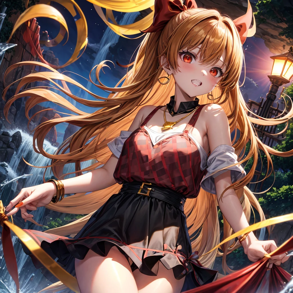 Brown, red, gold, golden hair、Red eyes、One good looking girl、solo、anime、Checkered mini skirt、Black camisole、Black T-shirt、hoodie、Wearing a ribbon、Ribbon on waist、Crystal Earrings、Gemstone Necklace、Light and shadow、Tilting face、Teeth are visible、waterfall、Kuroko、tunnel、pylon、Sunset sky、Towering、frilled lizard、light、flash、Barrel、Wife、loose