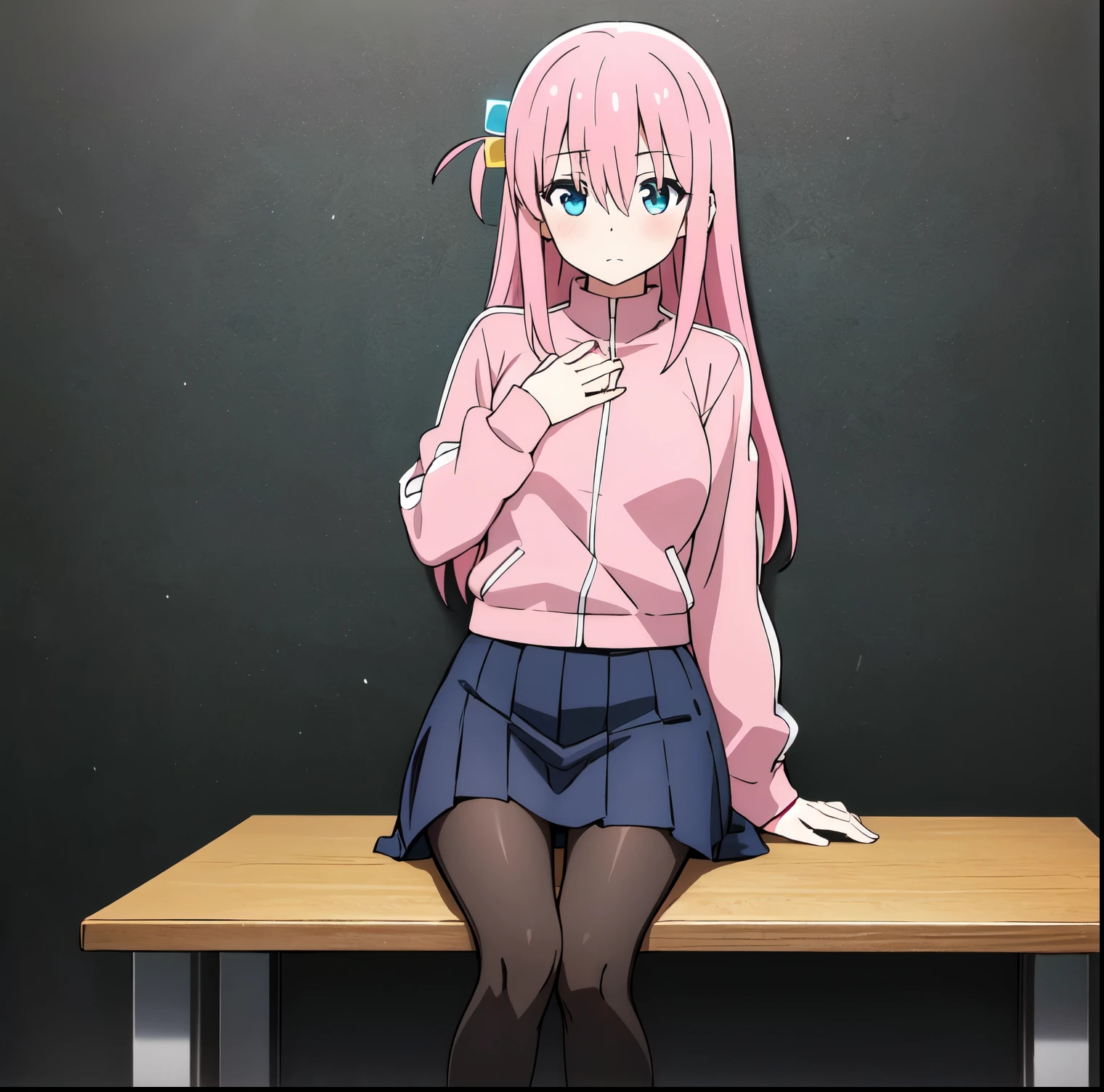 gotoh hitori, 1girl, alone, long hair, looking at viewer, blush, blue eyes, large breasts, simple background, long sleeves, hair between eyes, sitting, closed mouth, pink hair, pantyhose, pleated skirt, black skirt, one side up, hand on own chest, white background, grey skirt, invisible chair, cube hair ornament, pink track jacket , perfect hands, perfect anatomy 