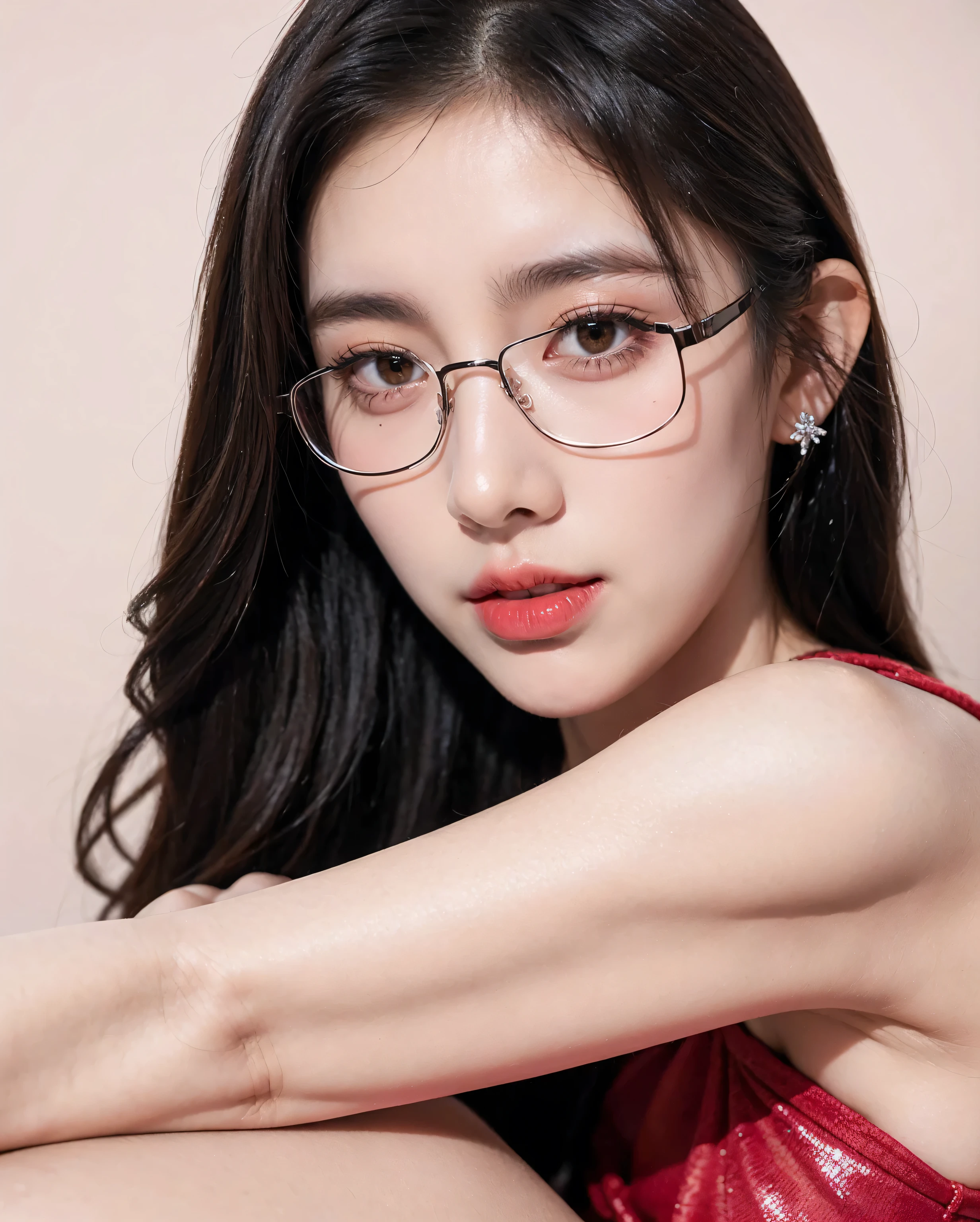 Top CG, Highest image quality, masterpiece, Gentle and beautiful girl, (185cm美女), (fit), Imperial sister, Queen temperament, White skin, ((Long legs)), perfect facial features, Bright Eyes, Seductive pose, Red lips, Beautiful and cold (A major breakthrough)), Beautiful and heroic, Soft and long hair, sparkling, Lace, net, Visible through clear skin, wear glasses, Diamond Earrings, Pink skirt), 8K Image Quality, (Realistic Portraits), Characters fill the screen, (Facial lighting), ((eternity)