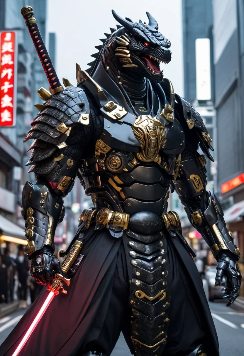 araffe dressed in a black suit holding a sword and a sword, cyborg samurai, cyber japan samurai armor, cyberpunk samurai, very beautiful cyberpunk samurai, full samurai armor godzilla , bio - mechanical ninja samurai, portrait of a cyberpunk samurai, cyber japan style armor, cyber japan armor, celtic and cyberpunk armor, black godzilla samurai, intricate assasin mecha godzilla. armor