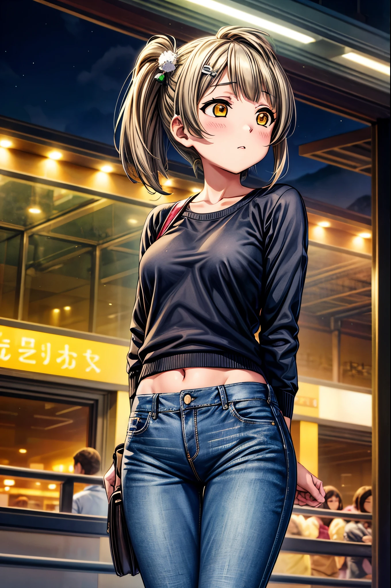 Kotori Minami, night, train station, tight jeans pants,sweater top,arms behind back, short hair, hair ornament, crotch lines, upper body،yearning , navel 