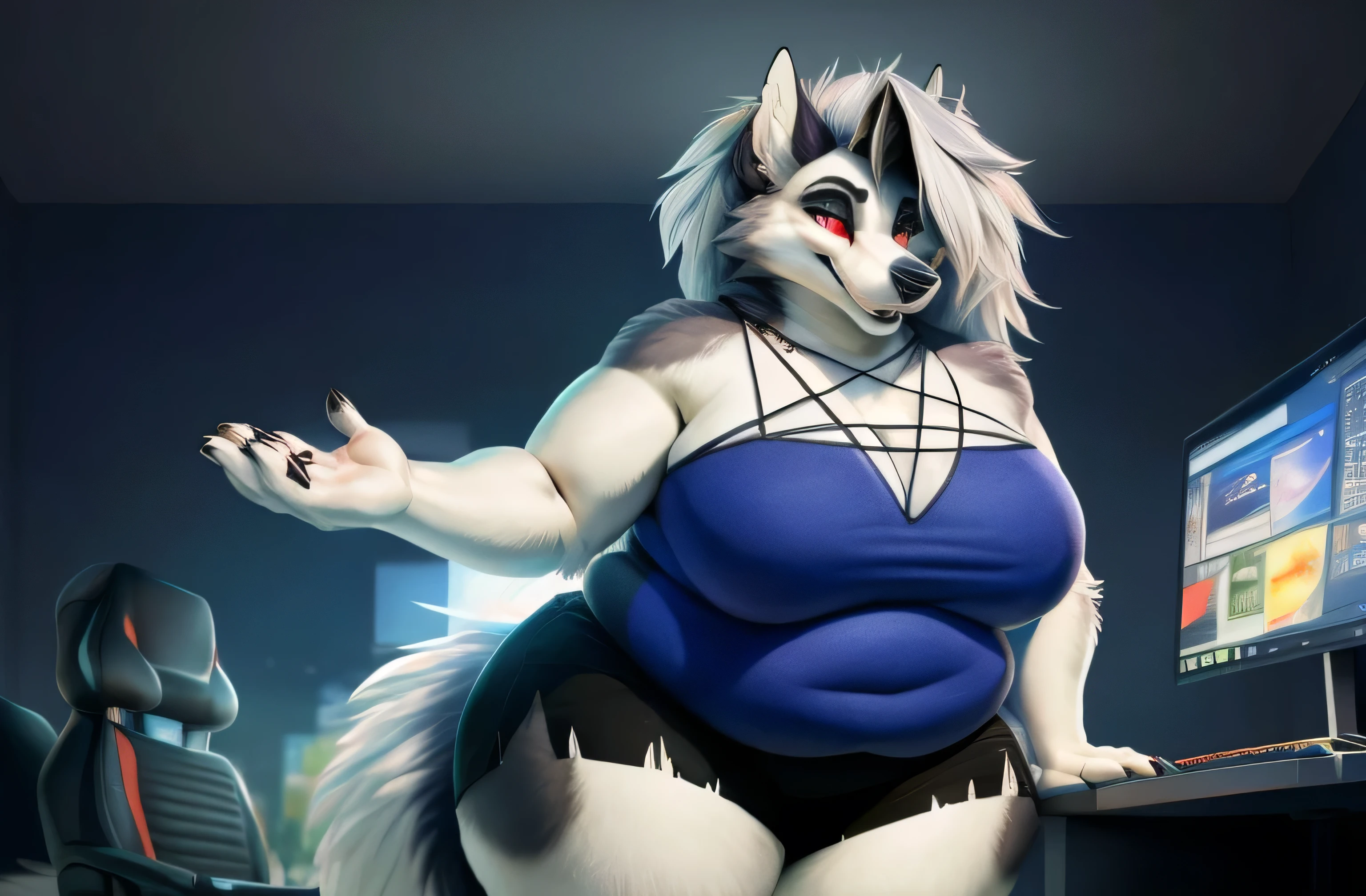Por iskra, por wolfy-nail, de Personalami, Chefe infernal, Loona Hellhound, Loona, Female, (detailed viewdiewer, fofa, Sozinho, 1 , high resolution, Fotorrealista, bonito, embarrassing look, ((detalhes estruturais claros)), realismo detalhado, fino, macio, 4K, excelente qualidade, detalhes altos, (sedutor), pele detalhada,sentada na cadeira, cadeira gamer, computador gamer, olhando para o computador, sorriso fofu, paisagem na tela do computador, curved, muito gordo, (quadris largos:1.3), coxas enormes, grossas e macias, ssbbw, very fat and saggy arms, Realistic lighting, alto detalhe, qualidade hd, rosto detalhado, Sombreamento realista, rolos de gordura, tamanho enorme, gigantescos enormes seios transbordando de gordura, decote enorme, Pesado, mais tamanho, everything is fat, textura macia, olhos grandes bonitos, semi-realista, dynamic angle, pattern clothes, Super obeso, corpo pastoso