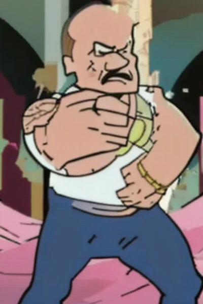future future Carl Brutananadilewdki, dynamic, Angry and Rage, knife hand, General Uniform,White Commander Uniform, large white sword, mystic golden jewels in the armor, super muscular muscle, future future multimedia illuminate, studio was ruins