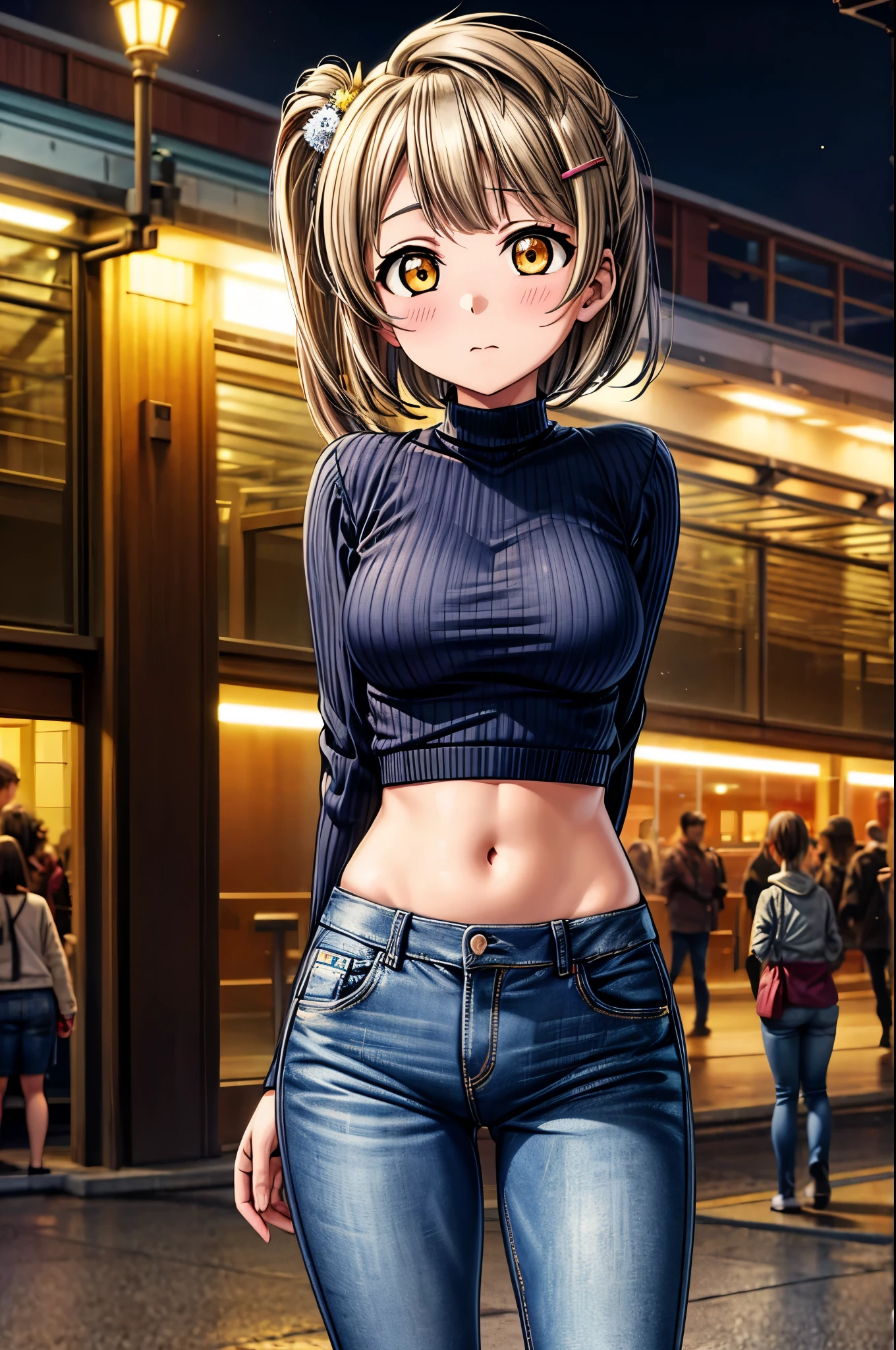 Kotori Minami, night, train station, tight jeans pants,sweater top,arms behind back, short hair, hair ornament, crotch lines, upper body،yearning , navel 