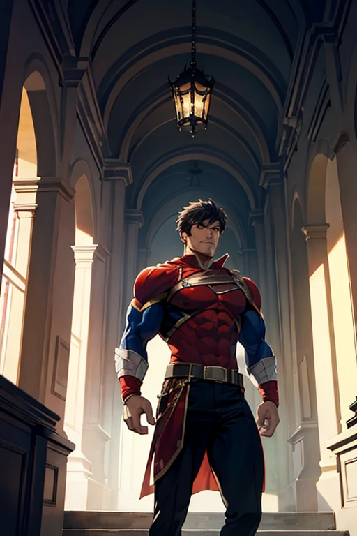 A muscular man dressed as a hero enters a dark building.