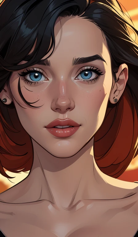 {8k image}, 1beautiful mature woman, 35 year old, pointy nose, fleshy lips, perfect triangular face, big hair with brown bangs, greeneyes, penetrating and sensual look, {gazing directly at the viewer}, {facing forward}, {Perfect Anatomia}, {image focused only on the face}, {portrait of face}, White background
