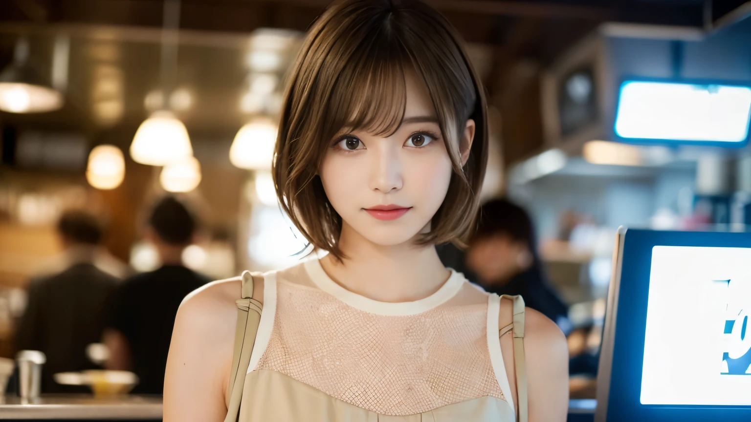 super high quality, Short Hair, Slender, Gravure photoshoot, The staff is working at the counter in the back., (8k、RAW Photos、highest quality、masterpiece:1.2), Japanese Idol, Shaggy, Sportswear, Stylish café, (Realistic、Photorealistic:1.37), Mesh Hair, Normal chest, Urban Cafe, Golden Ratio, Raw photo, Cute face , Light Brown Hair, Bright cafe interior, Blurred Background, Spring Clothes, A sweet expression, Watching the audience, Beautiful hairstyle, 20-year-old, Hair blowing in the wind, Neat clothes,
