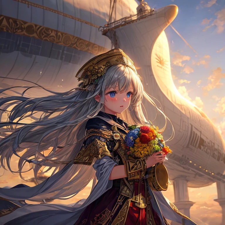 A beautiful ivory and gold airship floats gracefully among the clouds.. The airship has an ivory body and intricate detailing with gold accents.。. The craftsmanship is of the highest quality, Exquisite carvings and intricate patterns. The clouds surrounding the airship create a dreamy, fantastical atmosphere.. The sunlight filters through the clouds, Casts a golden glow on the airship. The scene is captured in the medium of digital illustration., Combining photo realism with the artistic touch of concept art. The colors are vibrant and vivid, Warm colors with gold and ivory tones. The lighting is soft、And it's dramatic., Highlight the elegance and grandeur of the airship. Overall image quality is exceptional, Ultra-detailed elements and high-resolution rendering. Down to the last detail, indivual々From clouds to the smallest gold decorations, Perfectly expressed. This prompt is、An ivory and gold airship is said to be floating in the clouds.、Carefully designed to produce visually stunning and awe-inspiring images。.