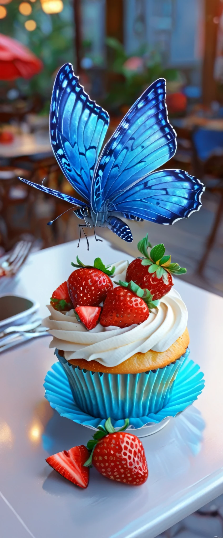 (best quality,anime), (adorable,cute,sweet), (blue butterfly:1.3) resting on a cupcake with strawberries, in the background a cozy café, beautiful image, magnificent photography, hyper-realistic, and highly detailed.