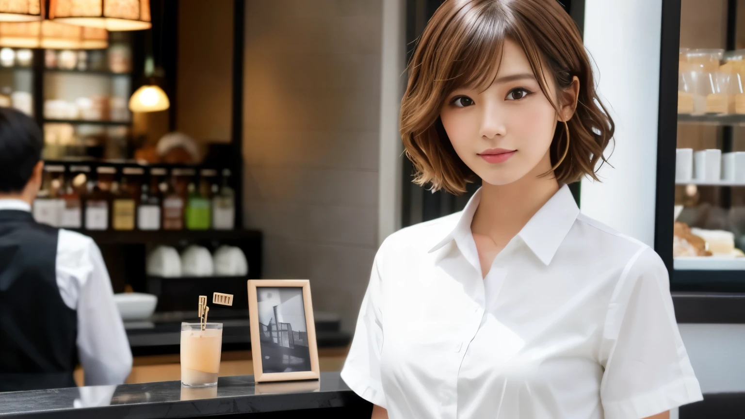 super high quality, Fashion Model, Short Hair, Slender, The staff is working at the counter in the back., (8k、RAW Photos、highest quality、masterpiece:1.2), Japanese Idol, Serious expression, Shaggy, Brown Hair, Stylish café, Fashion magazine shooting, (Realistic、Photorealistic:1.37), Beautiful Face , Mesh Hair, Normal chest, Urban Cafe, Golden Ratio, A gentle gaze, Spring Clothes, Beautiful hairstyle, White Shirt, Neat clothes,