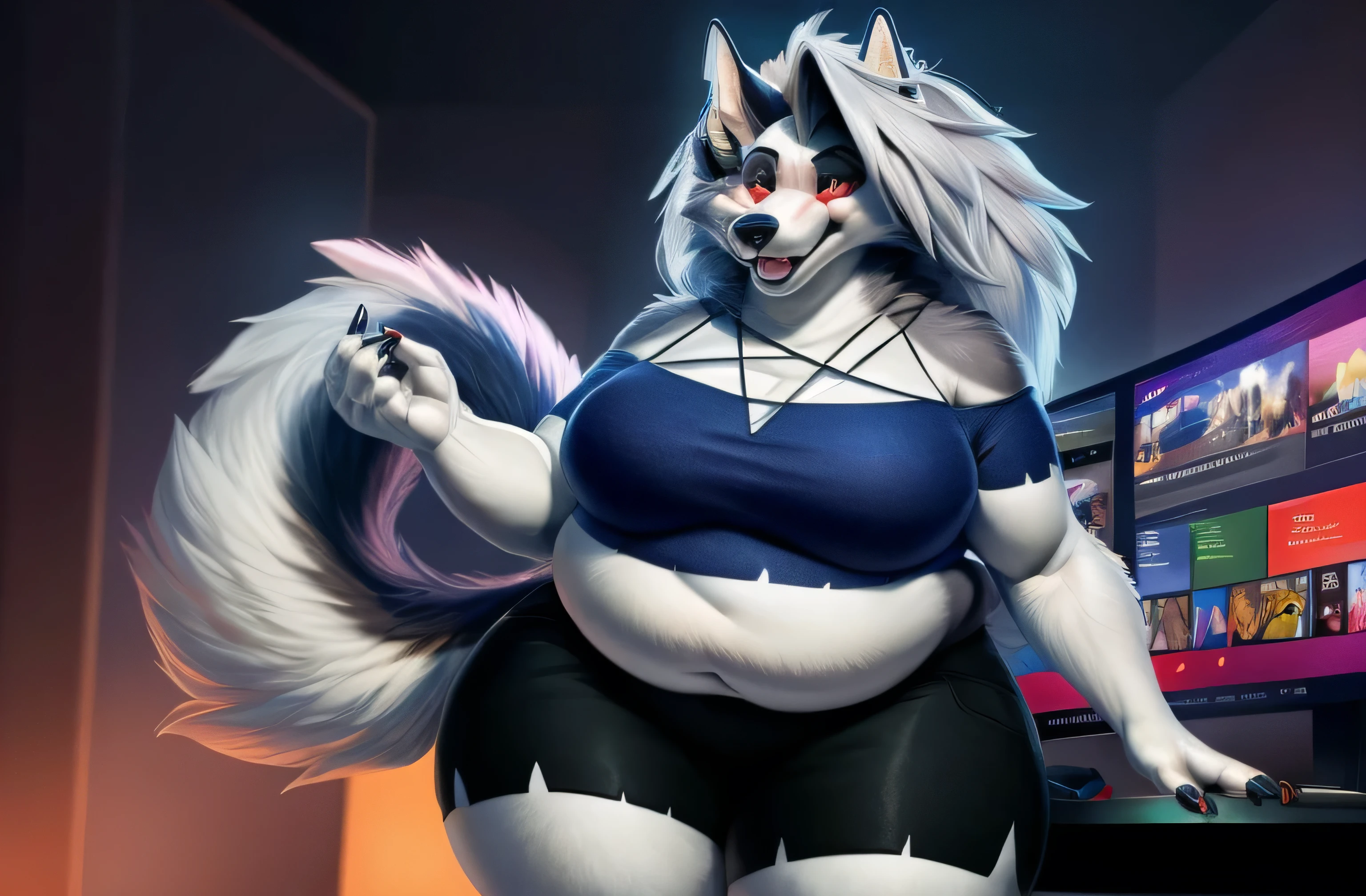 Por iskra, por wolfy-nail, de Personalami, Chefe infernal, Loona Hellhound, Loona, Female, (detailed viewdiewer, fofa, Sozinho, 1 , high resolution, Fotorrealista, bonito, embarrassing look, ((detalhes estruturais claros)), realismo detalhado, fino, macio, 4K, excelente qualidade, detalhes altos, (sedutor), pele detalhada,sentada na cadeira, cadeira gamer, computador gamer, olhando para o computador, sorriso fofu, paisagem na tela do computador, curved, muito gordo, (quadris largos:1.3), coxas enormes, grossas e macias, ssbbw, very fat and saggy arms, Realistic lighting, alto detalhe, qualidade hd, rosto detalhado, Sombreamento realista, rolos de gordura, tamanho enorme, gigantescos enormes seios transbordando de gordura, decote enorme, Pesado, mais tamanho, everything is fat, textura macia, olhos grandes bonitos, semi-realista, dynamic angle, pattern clothes, Super obeso, corpo pastoso