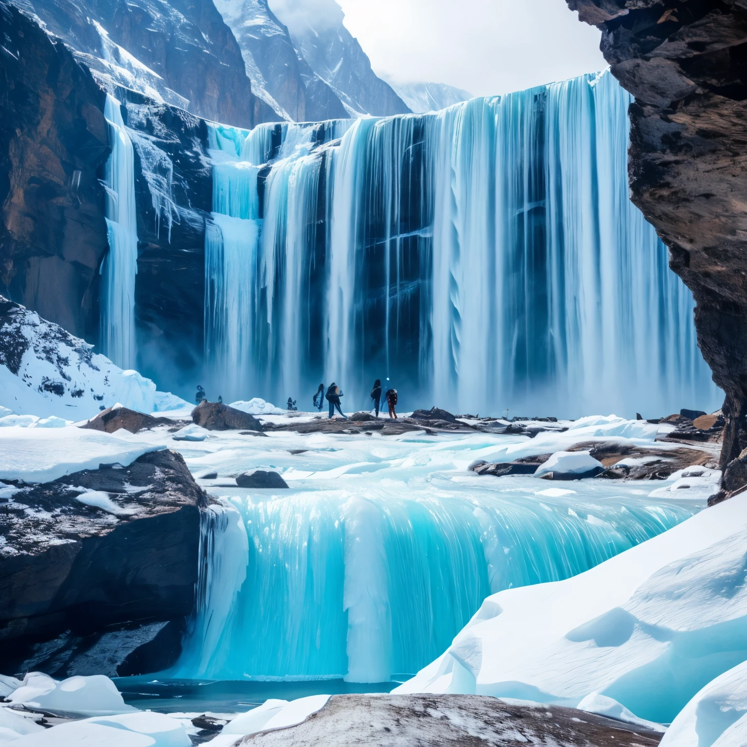 The Storm is Coming、Everest tributaries、A huge waterfall completely frozen、Ice looming before our eyes、、Close-up image。