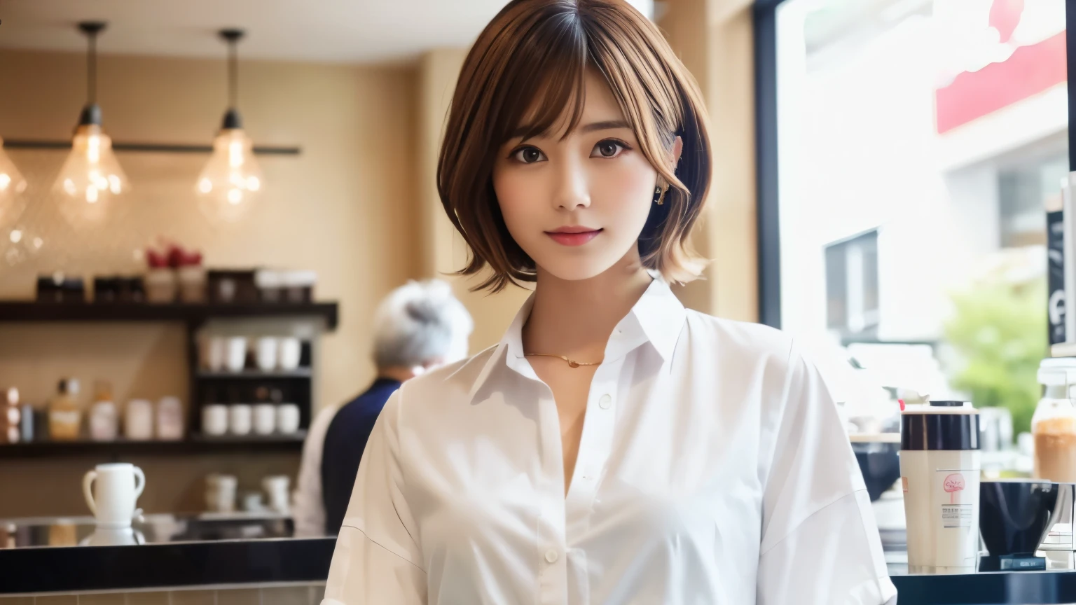 super high quality, Fashion Model, Short Hair, Slender, The staff is working at the counter in the back., (8k、RAW Photos、highest quality、masterpiece:1.2), Japanese Idol, Serious expression, Shaggy, Brown Hair, Stylish café, Fashion magazine shooting, (Realistic、Photorealistic:1.37), Beautiful Face , Mesh Hair, Normal chest, Urban Cafe, Golden Ratio, A gentle gaze, Spring Clothes, Beautiful hairstyle, White Shirt, Neat clothes,